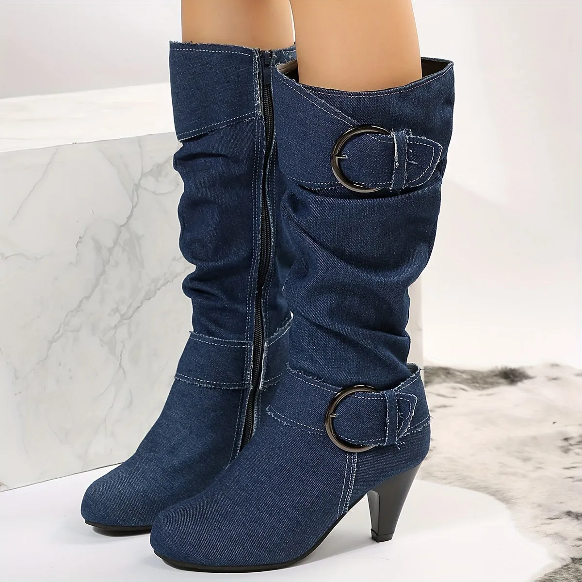 Women's Solid Color Boots, Side Zipper Round Toe Chunky Heel Mid Calf Non-slip Outdoor Boots, Versatile Casual Shoes