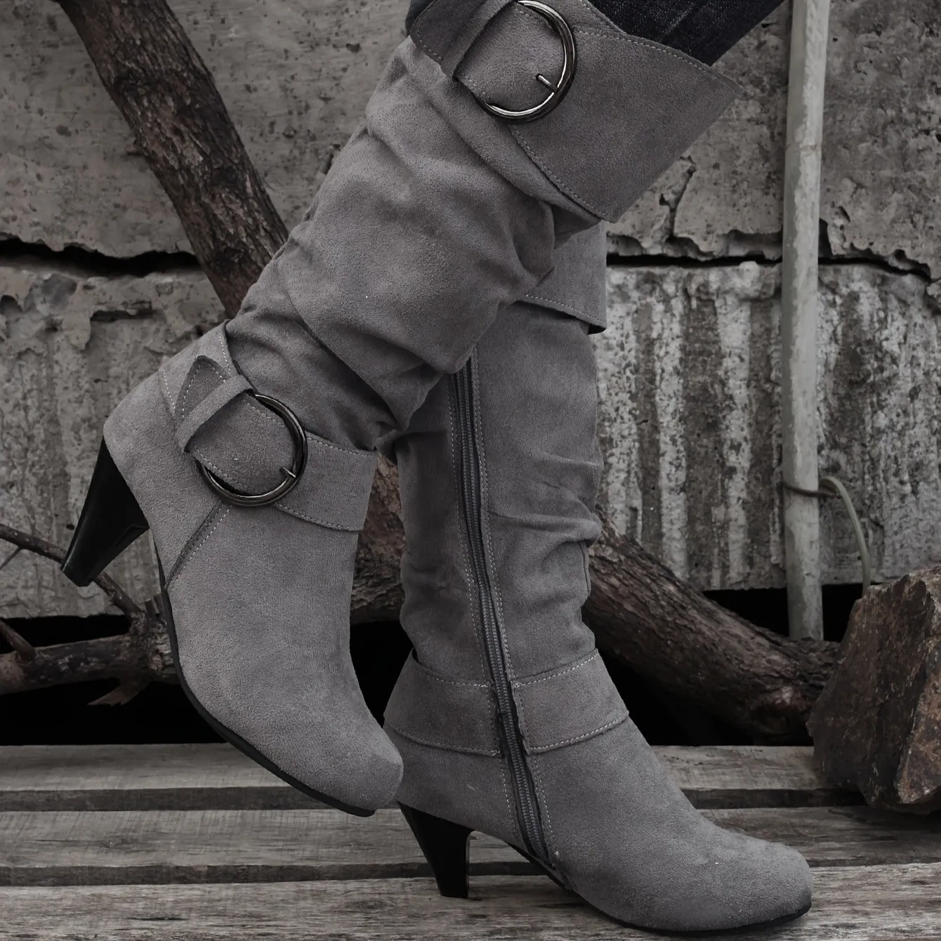 Women's Solid Color Boots, Side Zipper Round Toe Chunky Heel Mid Calf Non-slip Outdoor Boots, Versatile Casual Shoes