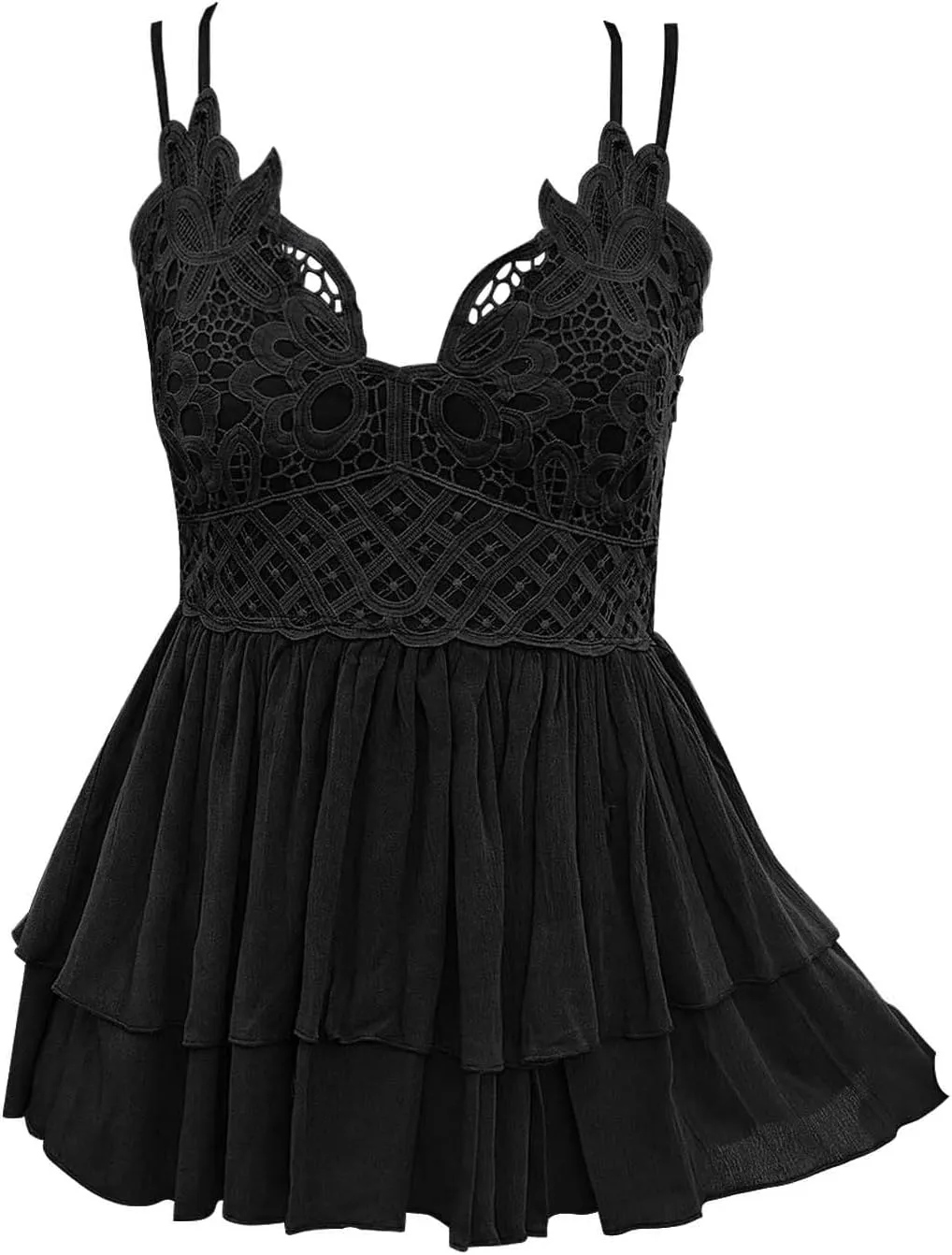 Women's Spaghetti Strap Blouse Cute Lace Summer Tops Sexy V Neck Pleated Sleeveless Beach Gauze Camisole Flowy Shirt