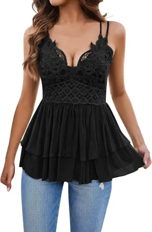 Women's Spaghetti Strap Blouse Cute Lace Summer Tops Sexy V Neck Pleated Sleeveless Beach Gauze Camisole Flowy Shirt
