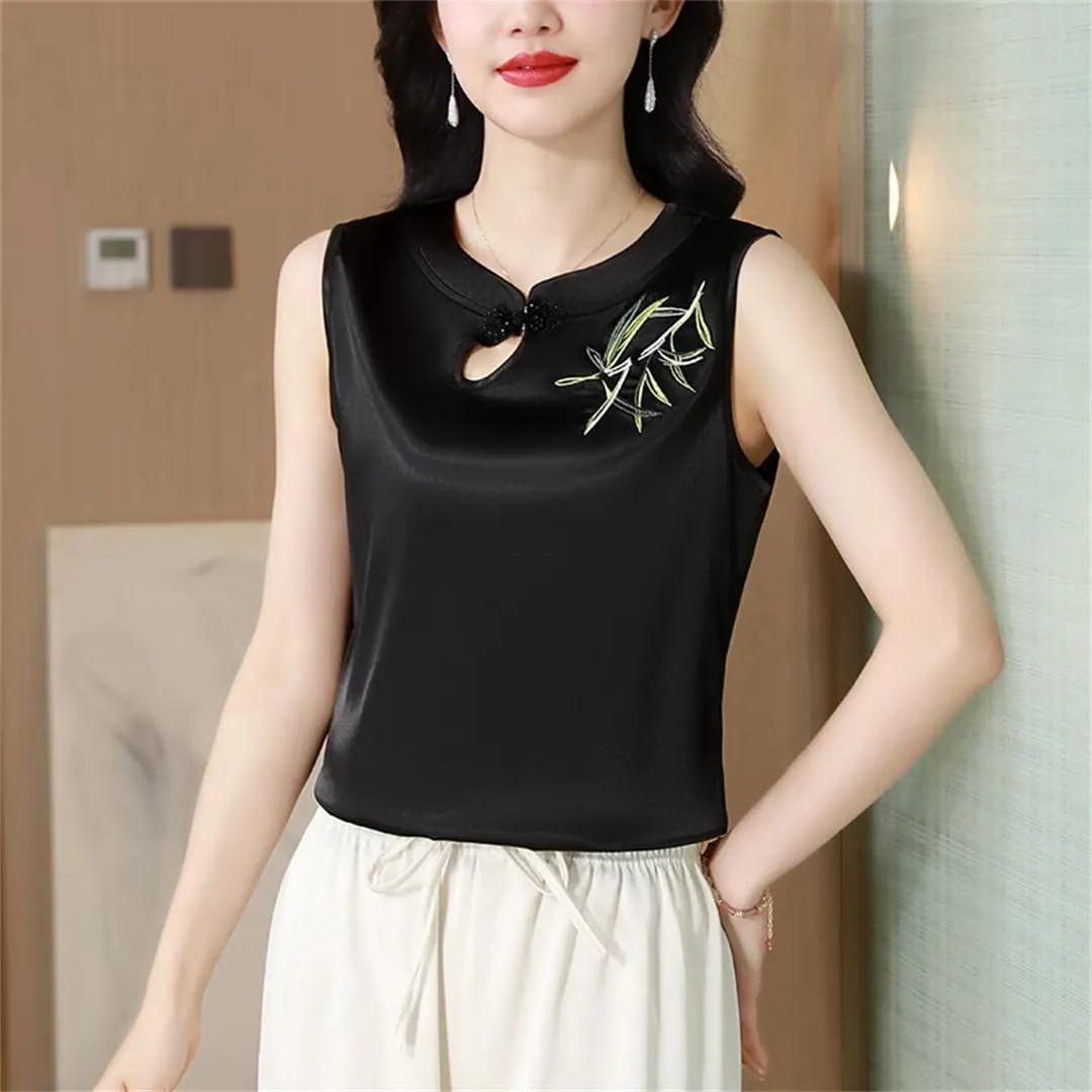 Women's Spring Summer Satin Camisole Slim Fit Sleeveless Retro Embroidered Vest Shirt