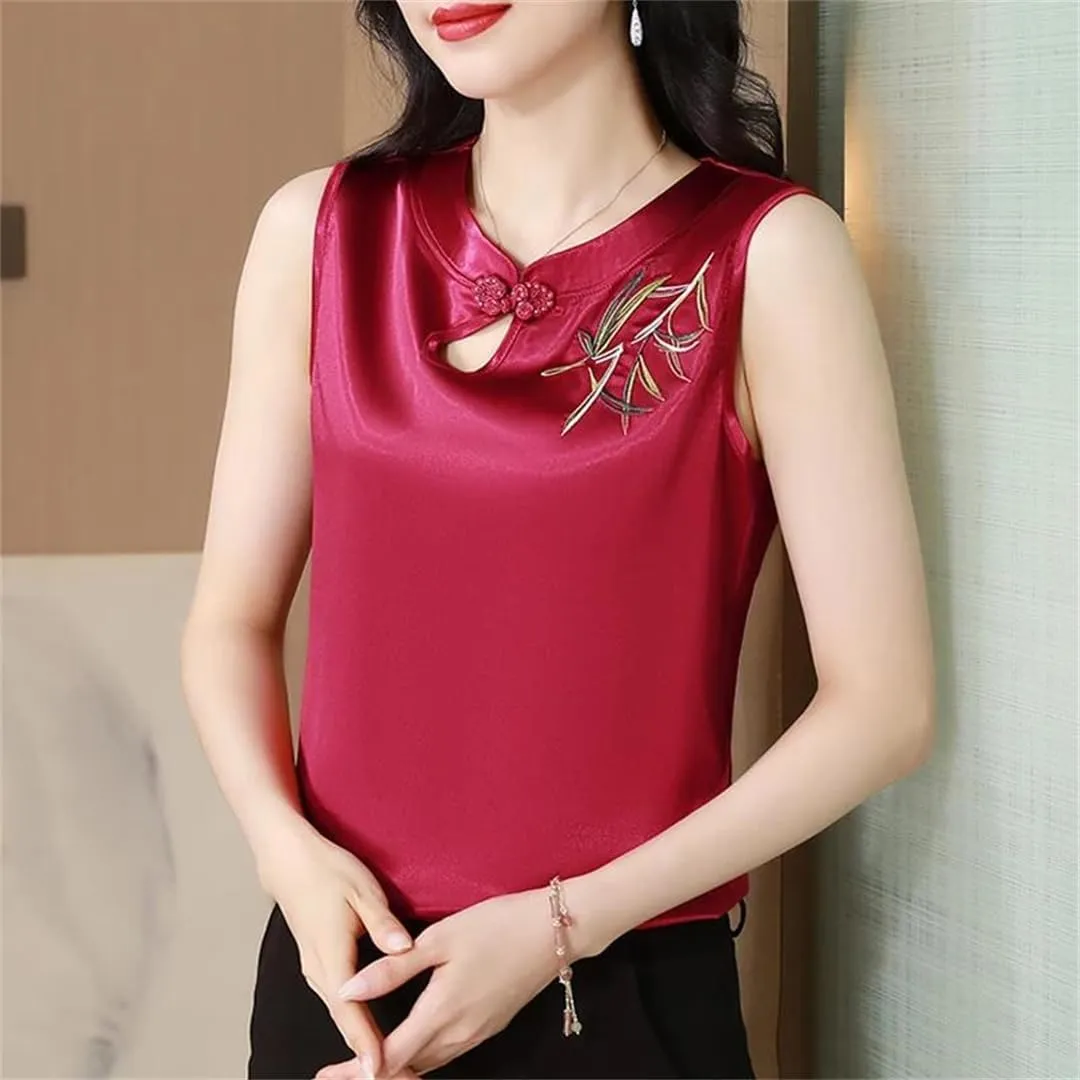 Women's Spring Summer Satin Camisole Slim Fit Sleeveless Retro Embroidered Vest Shirt