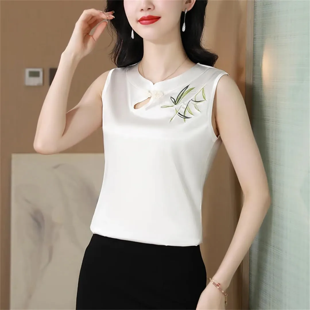Women's Spring Summer Satin Camisole Slim Fit Sleeveless Retro Embroidered Vest Shirt