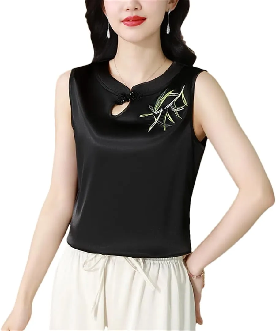 Women's Spring Summer Satin Camisole Slim Fit Sleeveless Retro Embroidered Vest Shirt