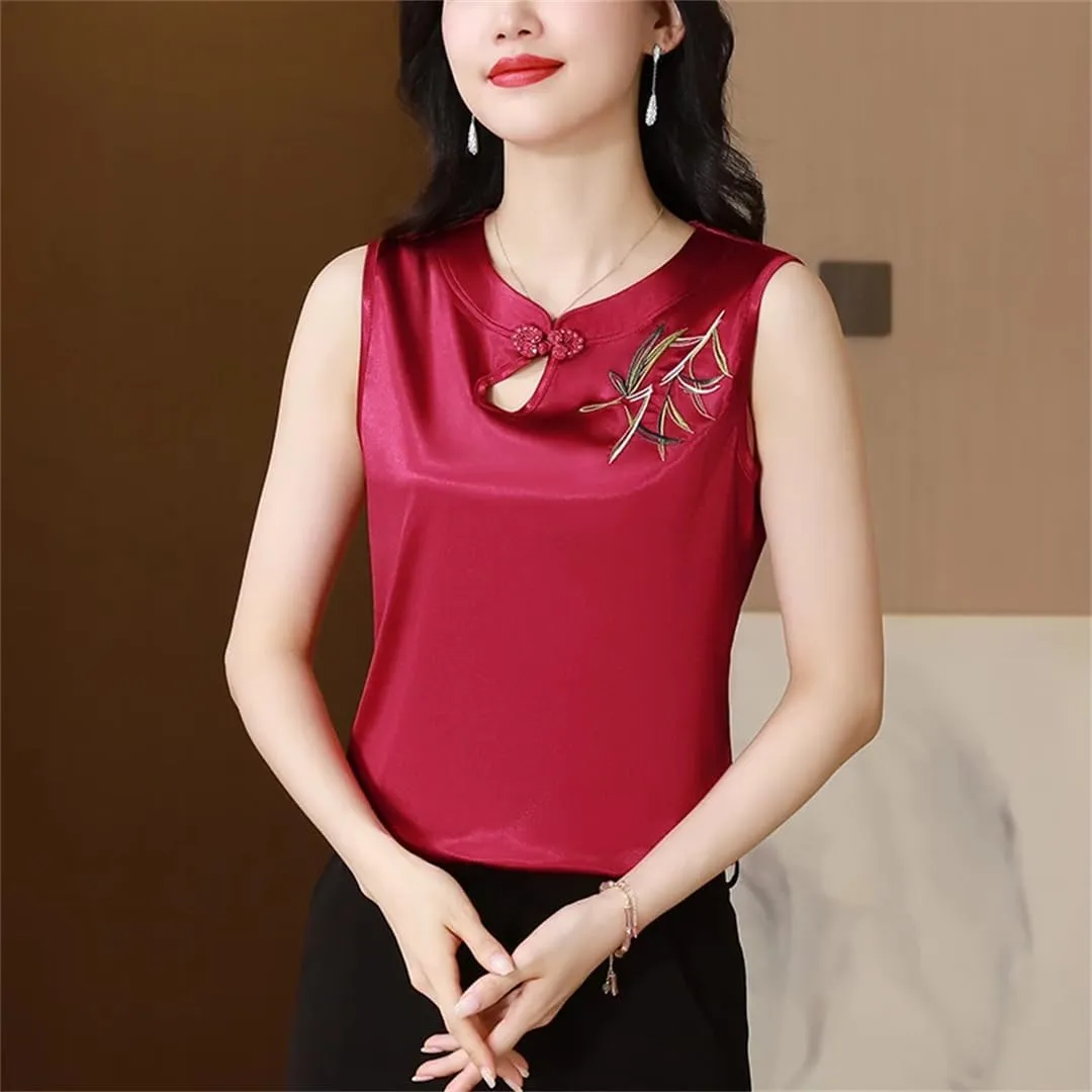 Women's Spring Summer Satin Camisole Slim Fit Sleeveless Retro Embroidered Vest Shirt