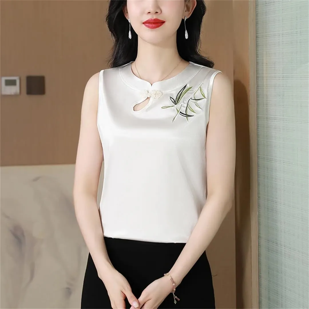 Women's Spring Summer Satin Camisole Slim Fit Sleeveless Retro Embroidered Vest Shirt