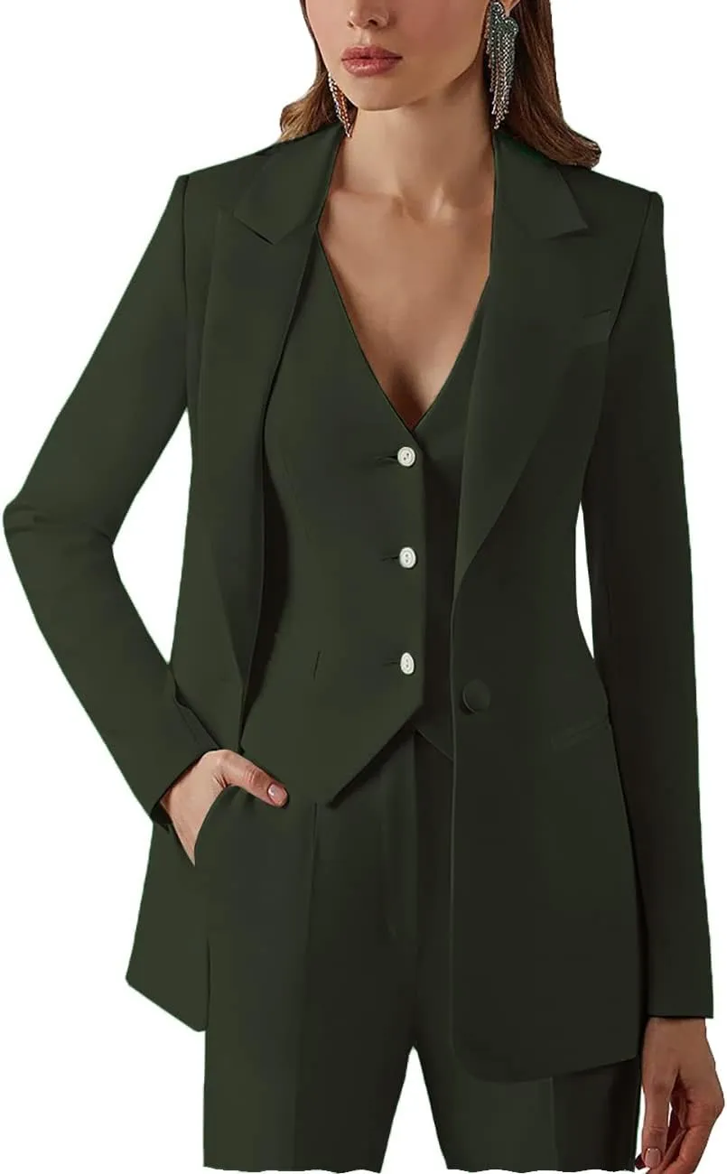 Women's Suits Formal Slim Fit 3 Piece Long Sleeved Elegant Blazer Notched Lapel Jacket for Work Set