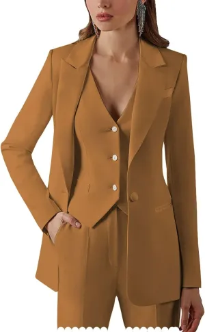Women's Suits Formal Slim Fit 3 Piece Long Sleeved Elegant Blazer Notched Lapel Jacket for Work Set