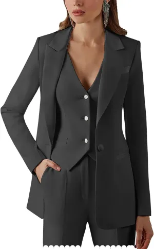 Women's Suits Formal Slim Fit 3 Piece Long Sleeved Elegant Blazer Notched Lapel Jacket for Work Set
