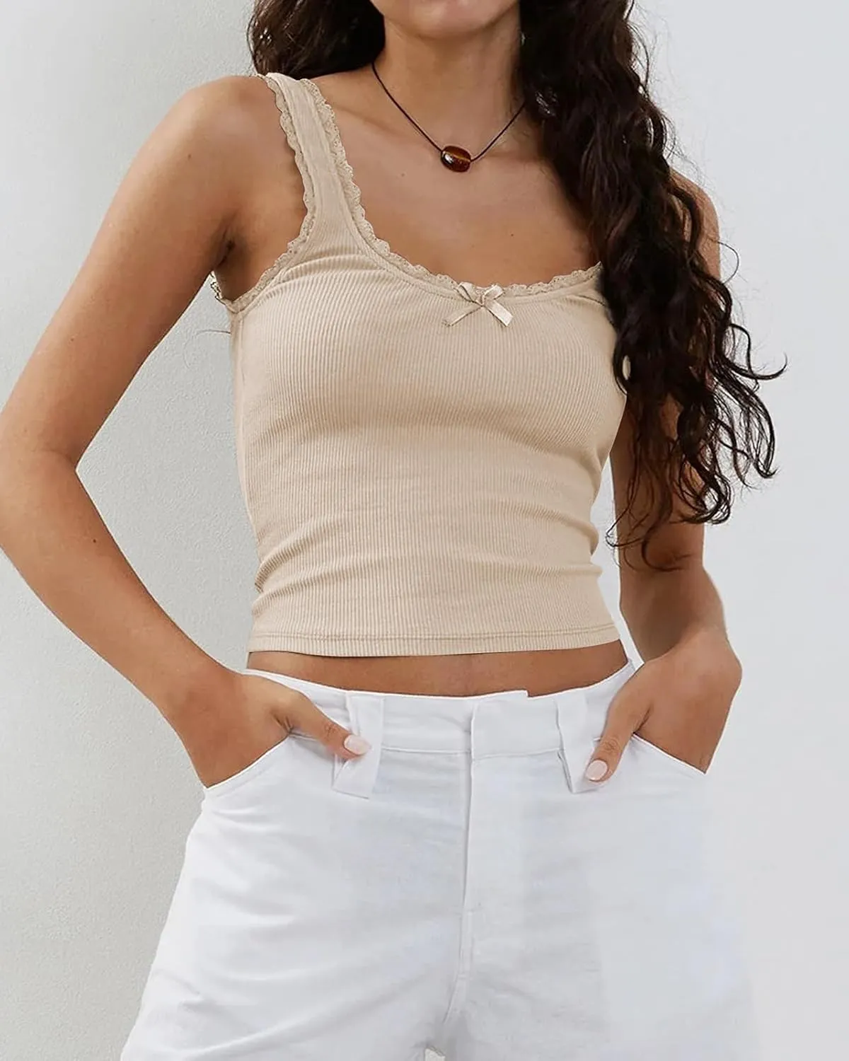 Women's Tank Tops Cute Slim Fitted Ribbed Knit Bow Lace Camisole Top Sexy Summer Square Neck Sleeveless Going Out Tops