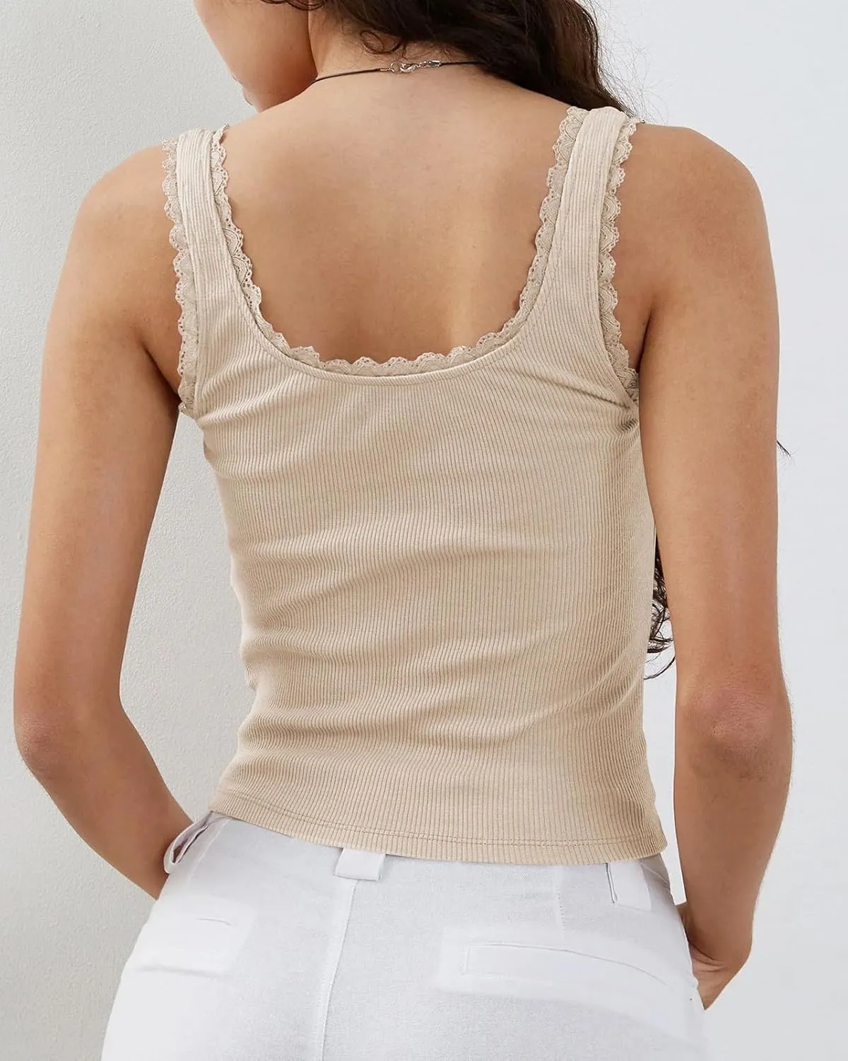 Women's Tank Tops Cute Slim Fitted Ribbed Knit Bow Lace Camisole Top Sexy Summer Square Neck Sleeveless Going Out Tops