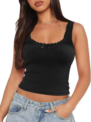 Women's Tank Tops Cute Slim Fitted Ribbed Knit Bow Lace Camisole Top Sexy Summer Square Neck Sleeveless Going Out Tops