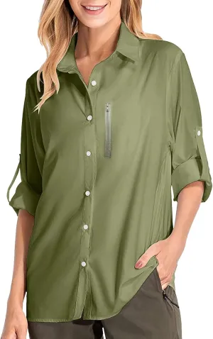 Womens UPF 50  Sun Protection Fishing Shirt Quick Dry Button Down Long Sleeve Shirts Solid Color Outdoor Travel Shirts