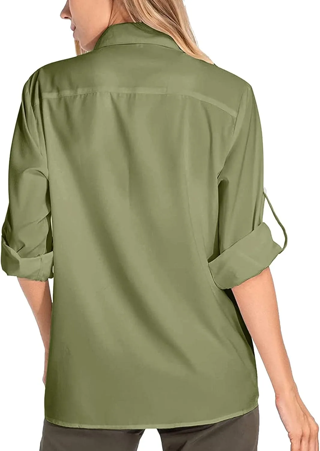 Womens UPF 50  Sun Protection Fishing Shirt Quick Dry Button Down Long Sleeve Shirts Solid Color Outdoor Travel Shirts
