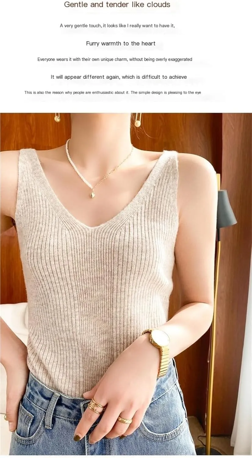 Women's V-Neck Knit Camisole Sleeveless Tank Top Slim Fit Stretch Polyester Ribbed Cami Shirt for