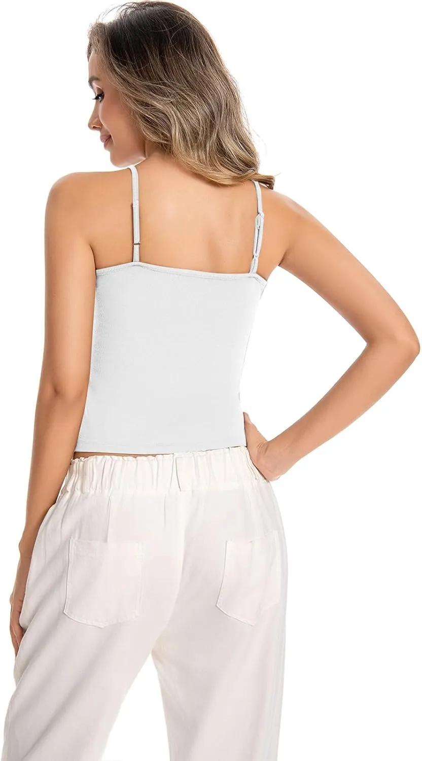 Womens V-Neck Ribbed Tank Tops Adjustable Spaghetti Strap Crop Tanks Fitted Camisole Basic Layering Shirts