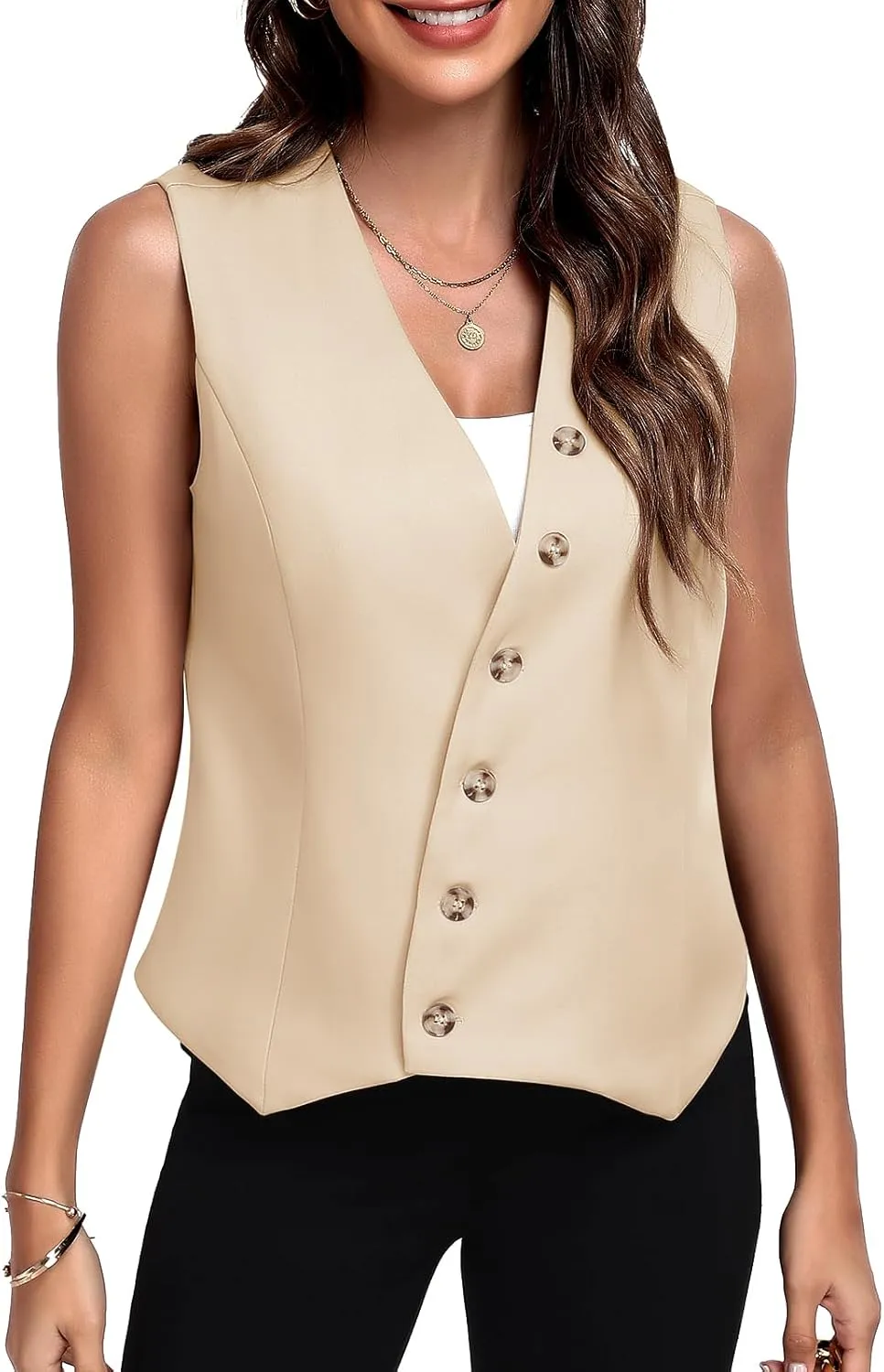 Womens Vest Sleeveless Blazers V Neck Button Up Work Office Suit Vests