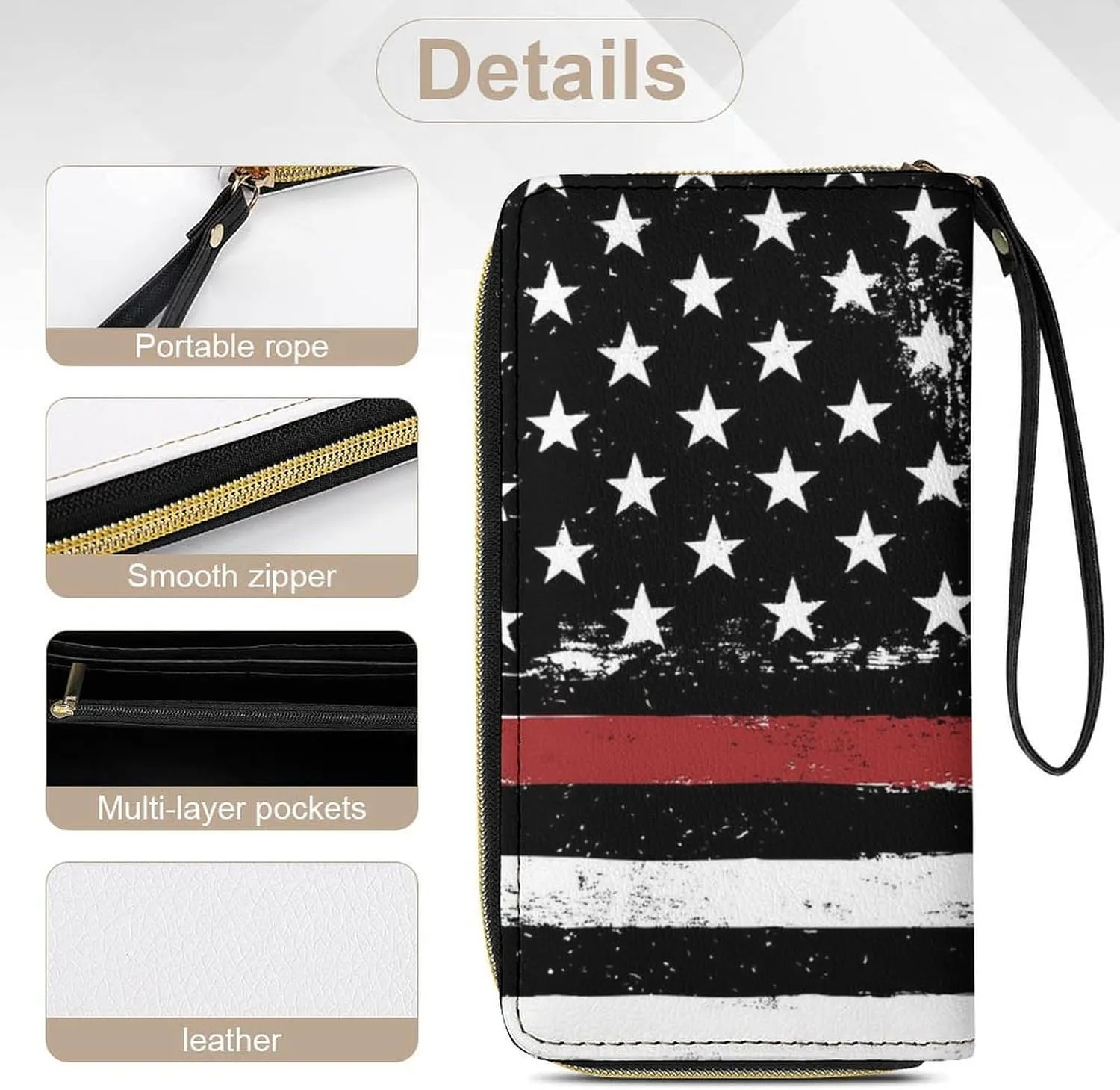 Women's Vintage American Thin Red Line Flag Pattern PU Leather Clutch with Wristlet, 7.8x4.1x1.4 Inch Compact Wallet for Daily Essentials, Fashionable and Functional Design