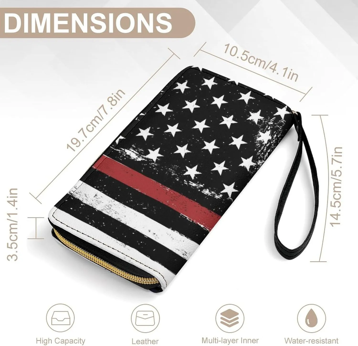 Women's Vintage American Thin Red Line Flag Pattern PU Leather Clutch with Wristlet, 7.8x4.1x1.4 Inch Compact Wallet for Daily Essentials, Fashionable and Functional Design