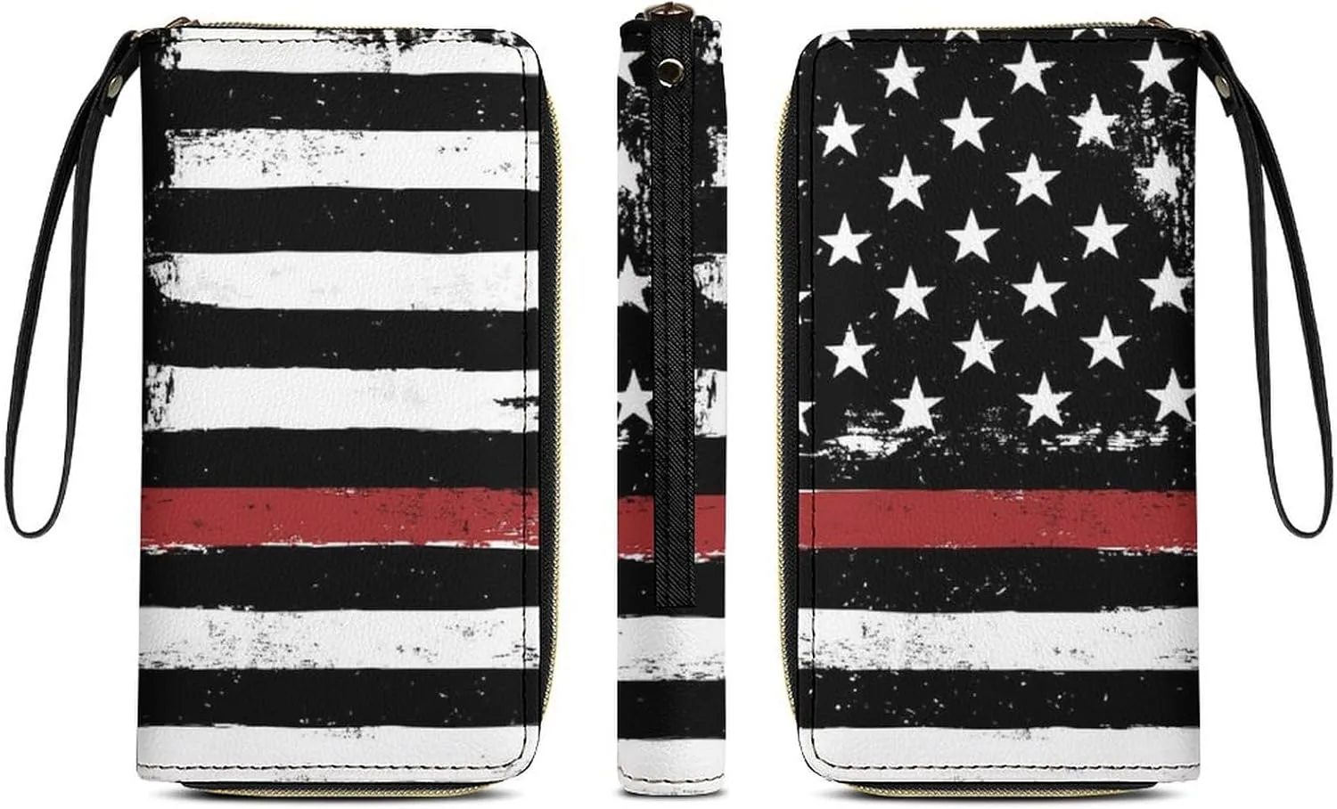 Women's Vintage American Thin Red Line Flag Pattern PU Leather Clutch with Wristlet, 7.8x4.1x1.4 Inch Compact Wallet for Daily Essentials, Fashionable and Functional Design
