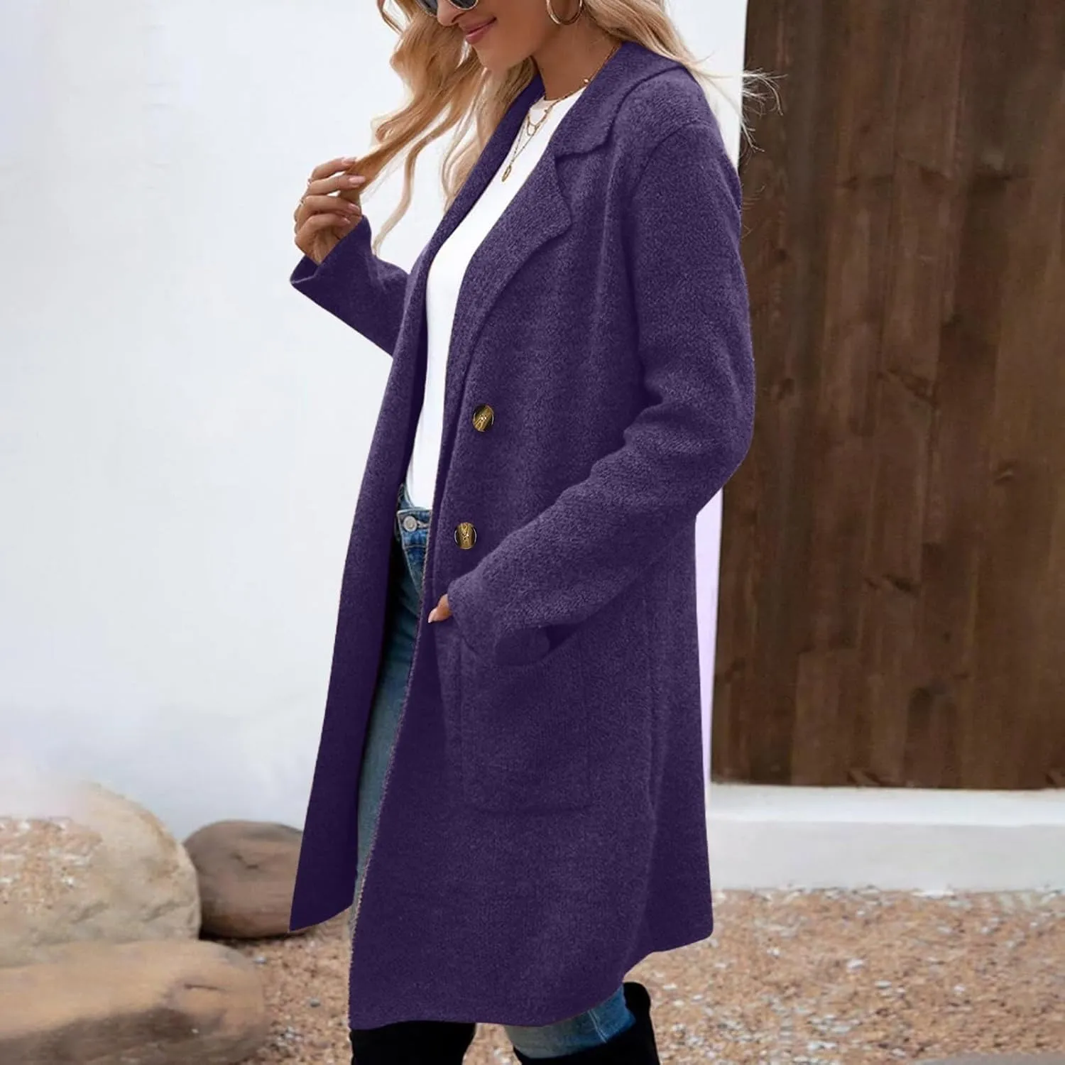 Wool Trench Coat Women Double Breasted Mid Long Coats Jacket Notch Collar Loose Fit Jackets Winter Peacoat with Pocket
