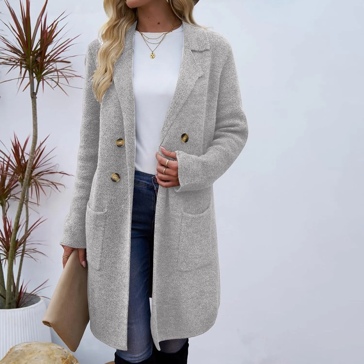 Wool Trench Coat Women Double Breasted Mid Long Coats Jacket Notch Collar Loose Fit Jackets Winter Peacoat with Pocket