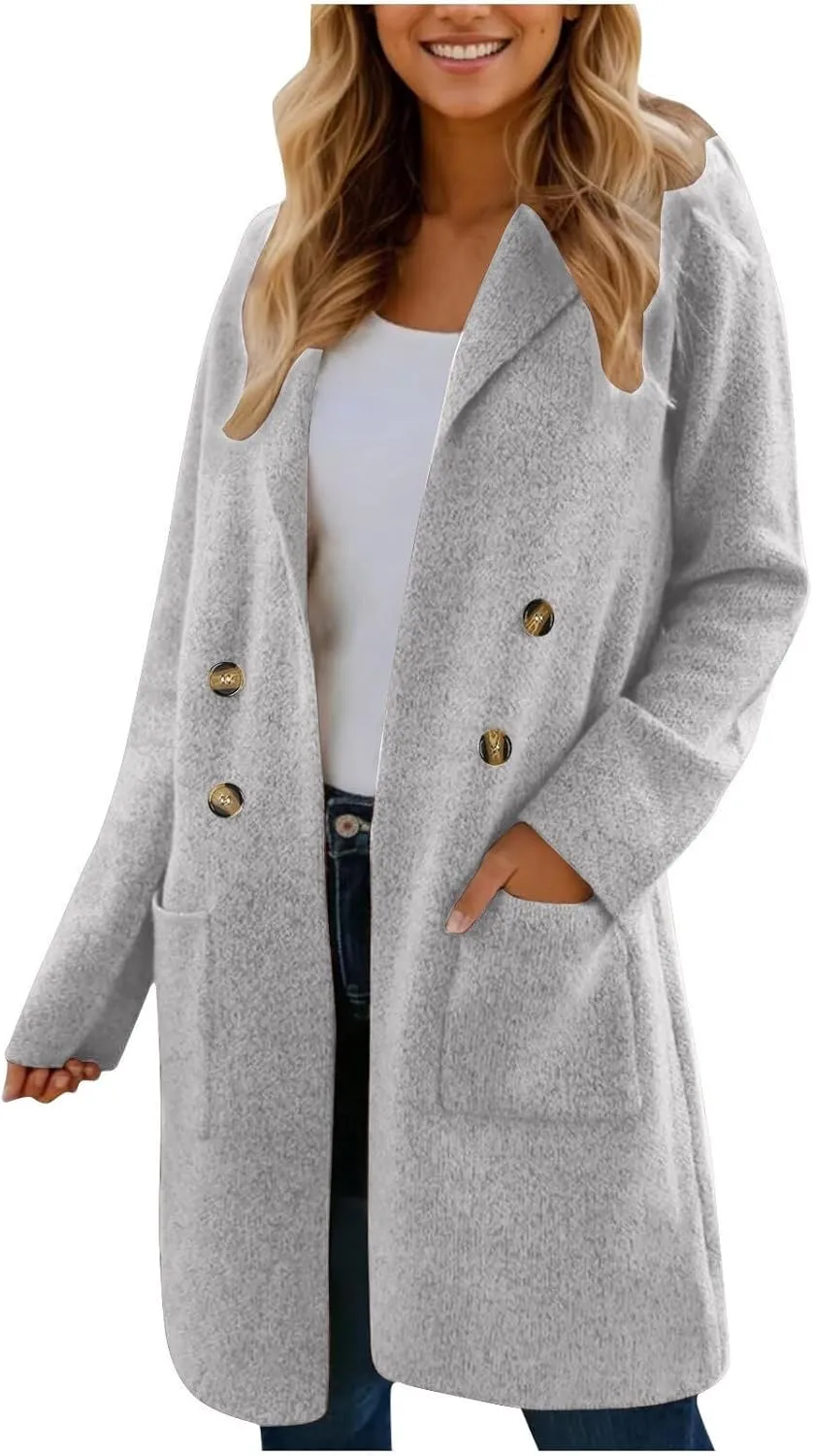 Wool Trench Coat Women Double Breasted Mid Long Coats Jacket Notch Collar Loose Fit Jackets Winter Peacoat with Pocket