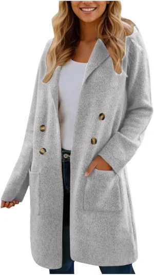 Wool Trench Coat Women Double Breasted Mid Long Coats Jacket Notch Collar Loose Fit Jackets Winter Peacoat with Pocket