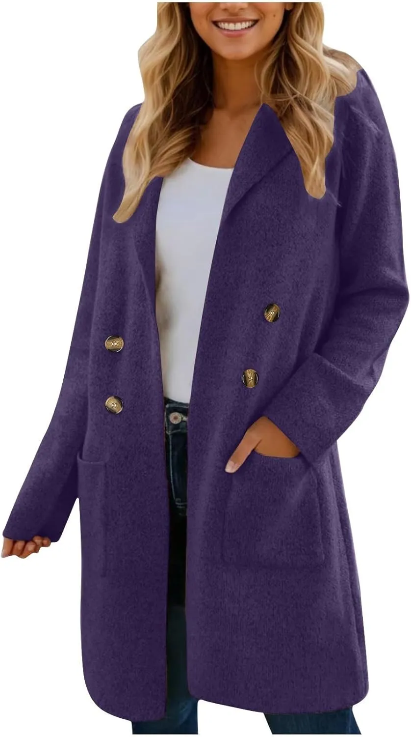 Wool Trench Coat Women Double Breasted Mid Long Coats Jacket Notch Collar Loose Fit Jackets Winter Peacoat with Pocket