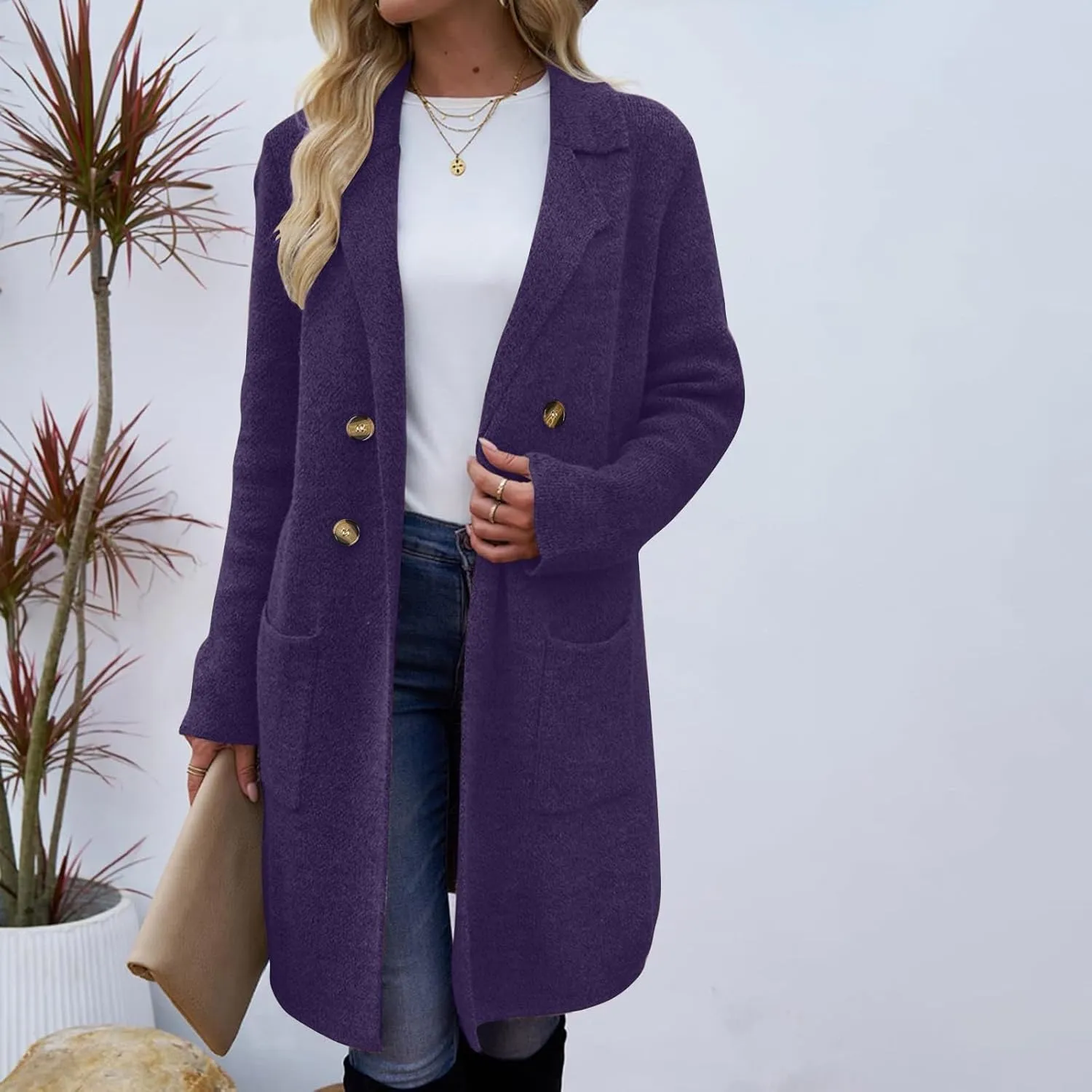 Wool Trench Coat Women Double Breasted Mid Long Coats Jacket Notch Collar Loose Fit Jackets Winter Peacoat with Pocket