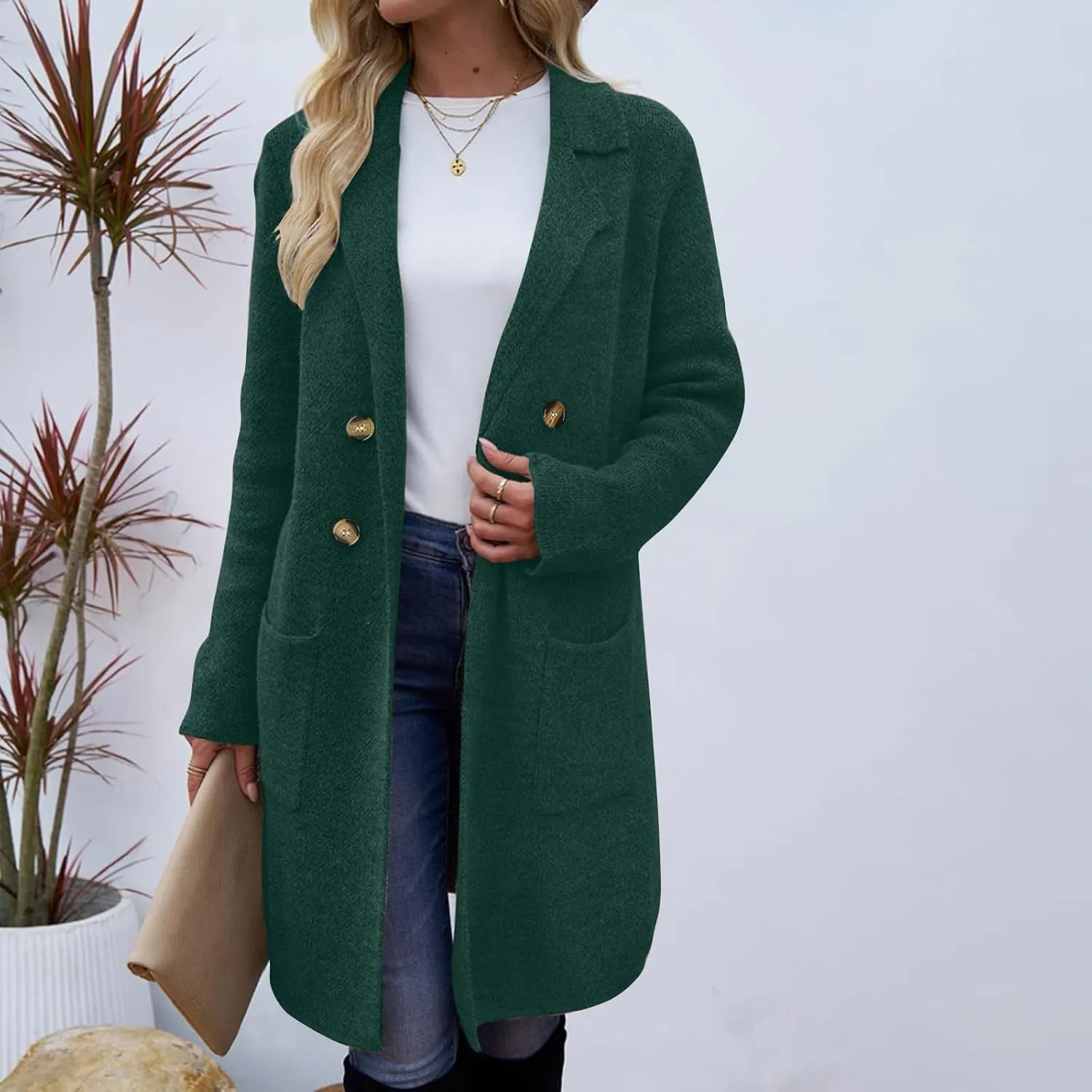 Wool Trench Coat Women Double Breasted Mid Long Coats Jacket Notch Collar Loose Fit Jackets Winter Peacoat with Pocket