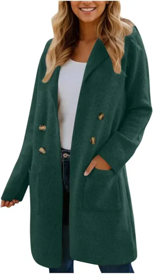 Wool Trench Coat Women Double Breasted Mid Long Coats Jacket Notch Collar Loose Fit Jackets Winter Peacoat with Pocket