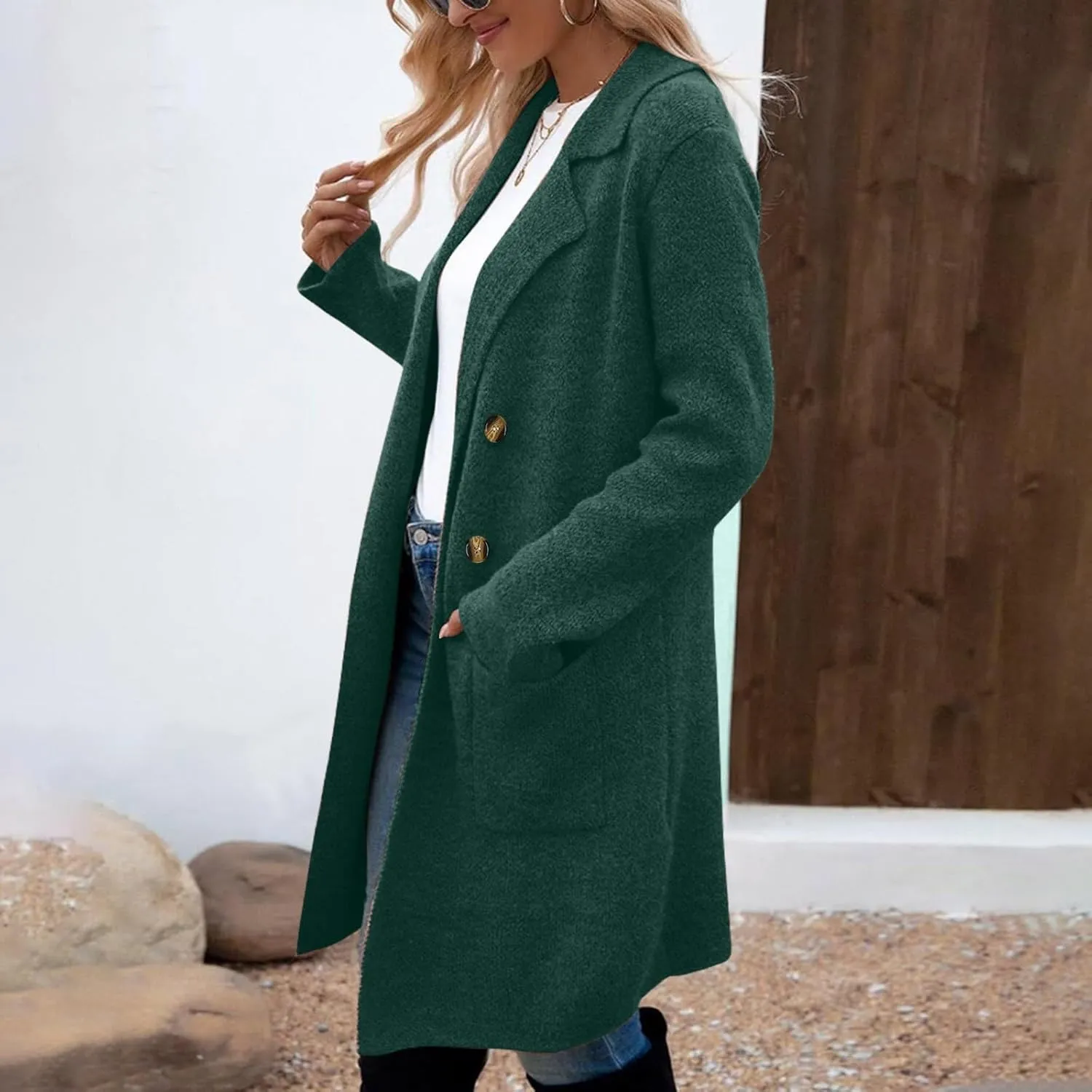 Wool Trench Coat Women Double Breasted Mid Long Coats Jacket Notch Collar Loose Fit Jackets Winter Peacoat with Pocket