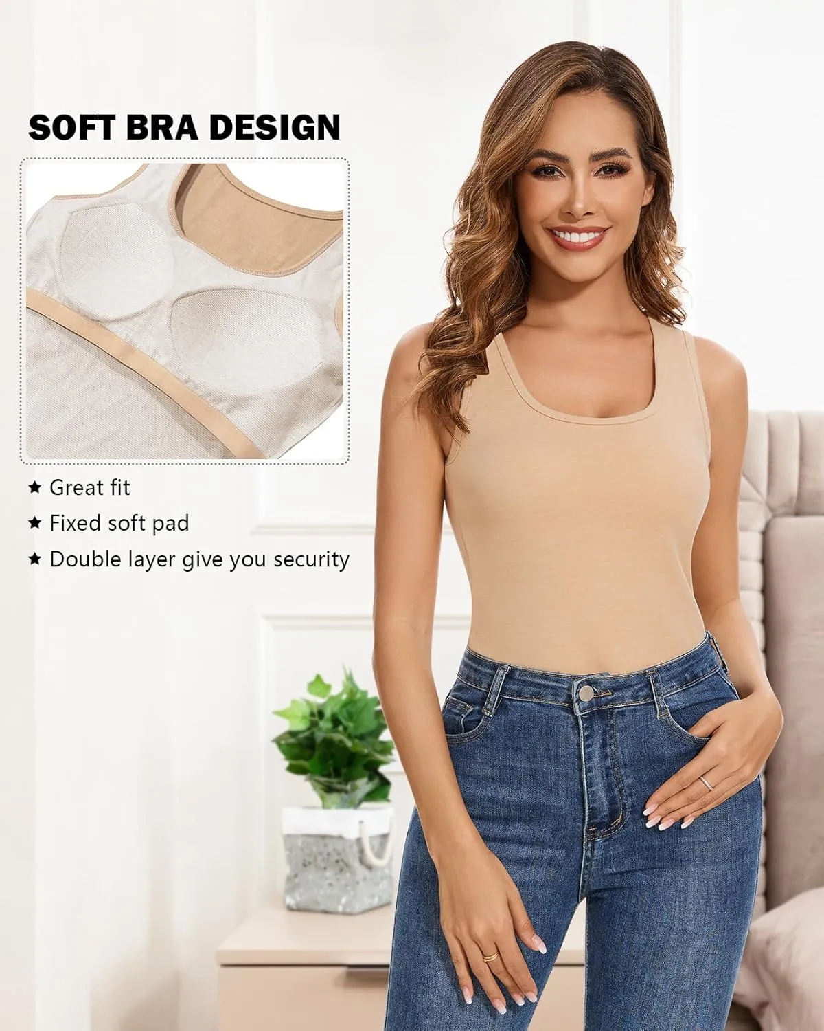WOWENY Women Sleeveless Thermal Tank Top with Bulit-in Bra for Cold Weather Fleece Shirt Warm Camisole Base Layer Lingerie