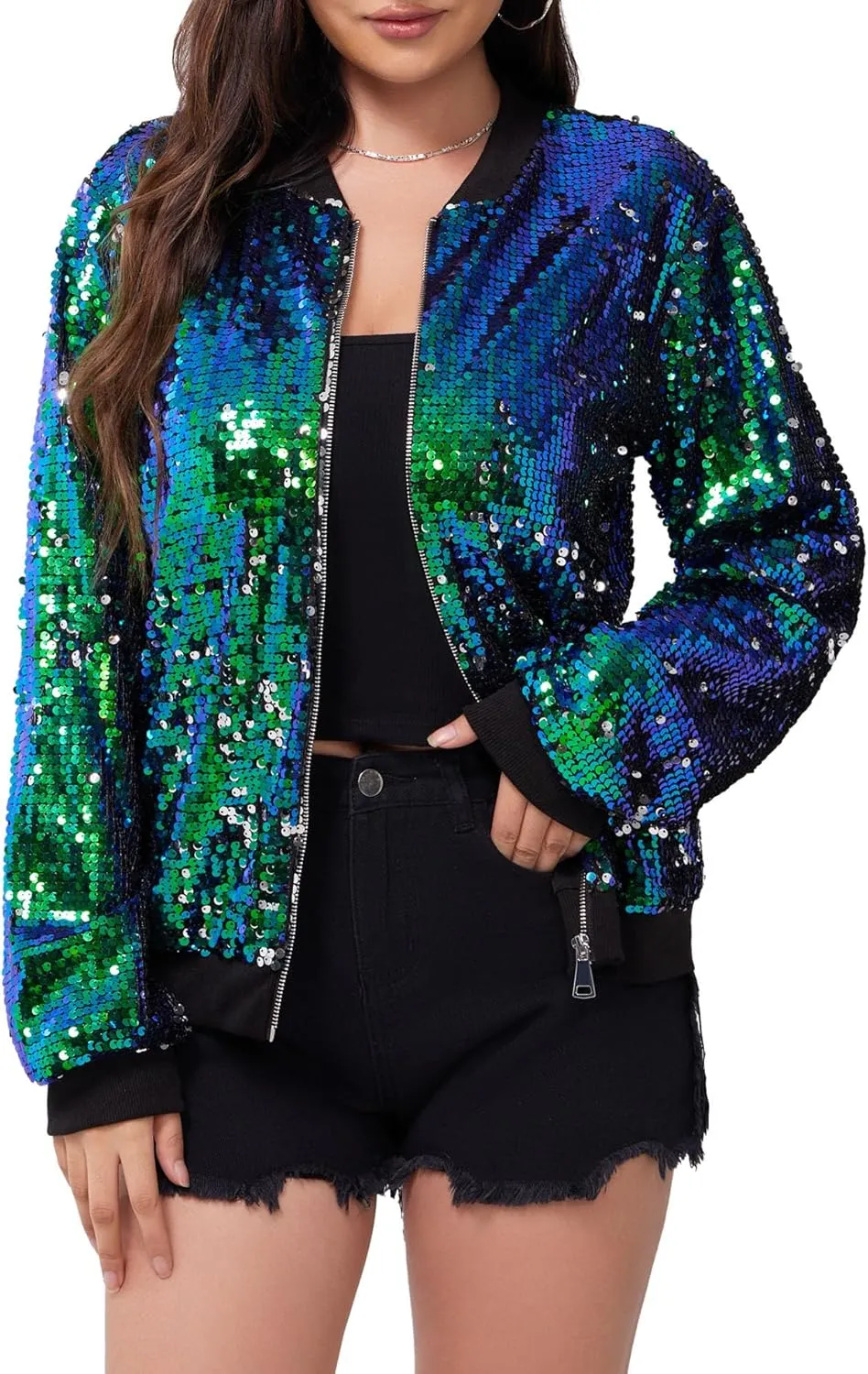 WULFUL Women's Sequin Jackets Sparkly Glitter Long Sleeve Front Zip Bomber Blazers Party Costume