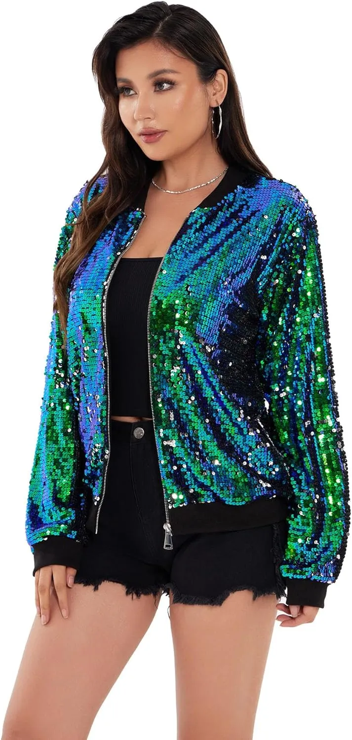 WULFUL Women's Sequin Jackets Sparkly Glitter Long Sleeve Front Zip Bomber Blazers Party Costume