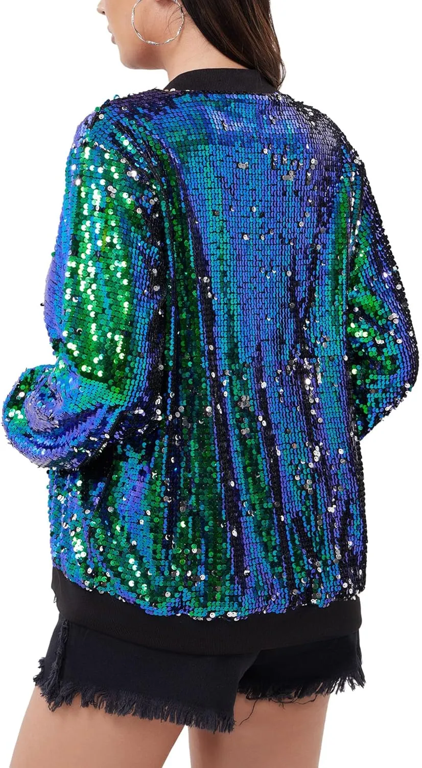 WULFUL Women's Sequin Jackets Sparkly Glitter Long Sleeve Front Zip Bomber Blazers Party Costume