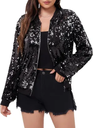 WULFUL Women's Sequin Jackets Sparkly Glitter Long Sleeve Front Zip Bomber Blazers Party Costume