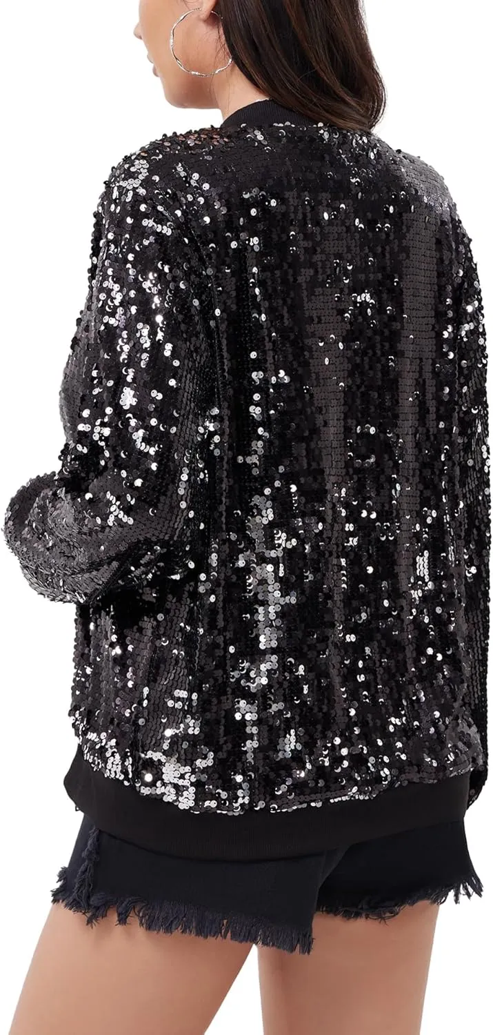 WULFUL Women's Sequin Jackets Sparkly Glitter Long Sleeve Front Zip Bomber Blazers Party Costume
