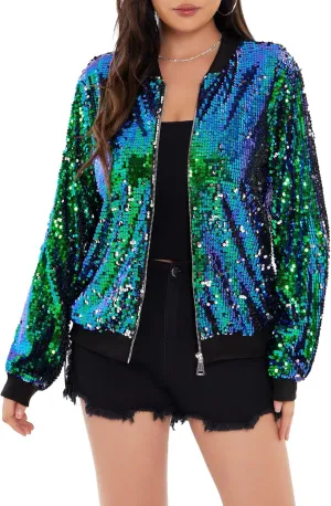 WULFUL Women's Sequin Jackets Sparkly Glitter Long Sleeve Front Zip Bomber Blazers Party Costume