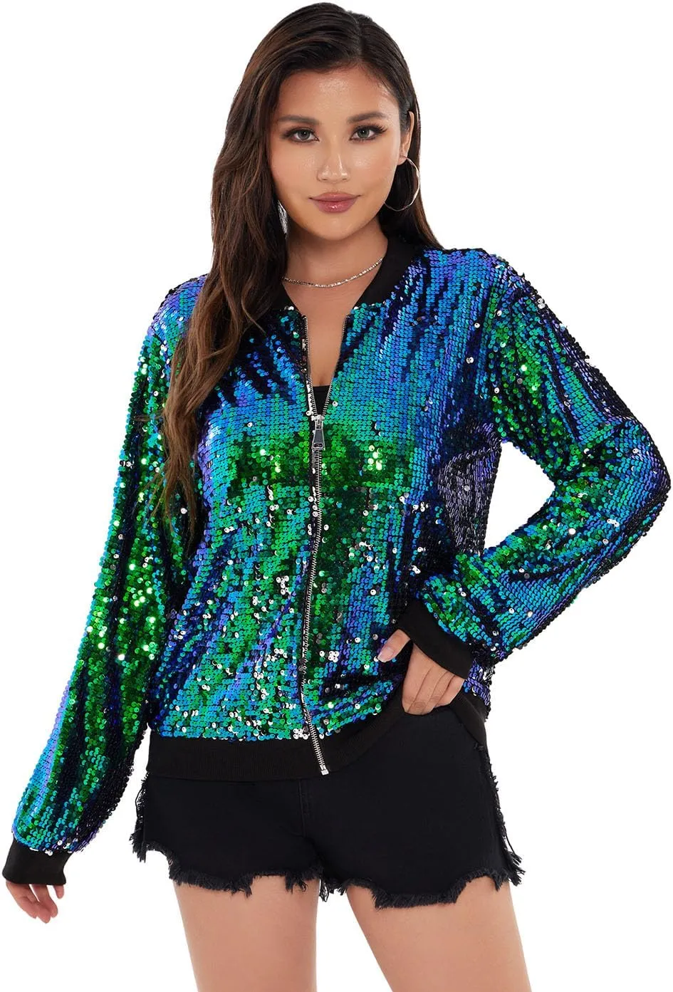 WULFUL Women's Sequin Jackets Sparkly Glitter Long Sleeve Front Zip Bomber Blazers Party Costume