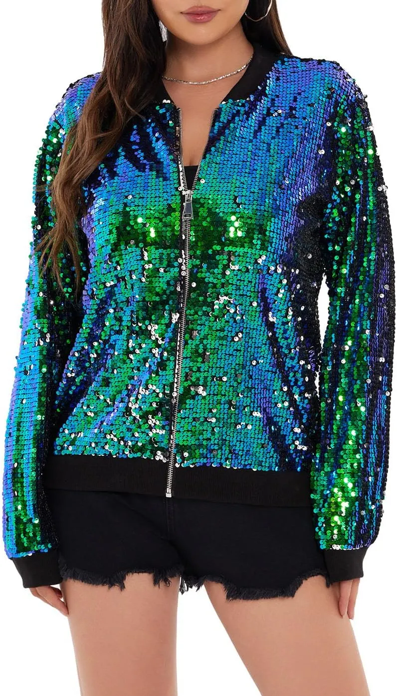 WULFUL Women's Sequin Jackets Sparkly Glitter Long Sleeve Front Zip Bomber Blazers Party Costume