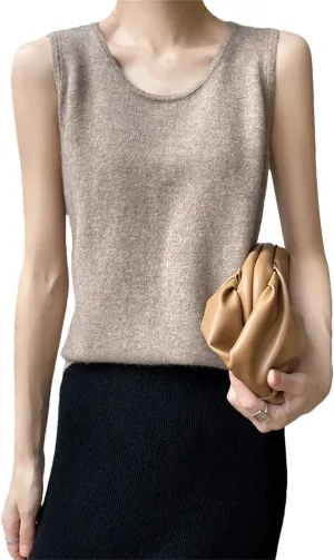 Wvapzxx Spring Summer Women Round Neck Knitted Vest Cashmere Thin Sleeveless Pullover Sweater Camisole