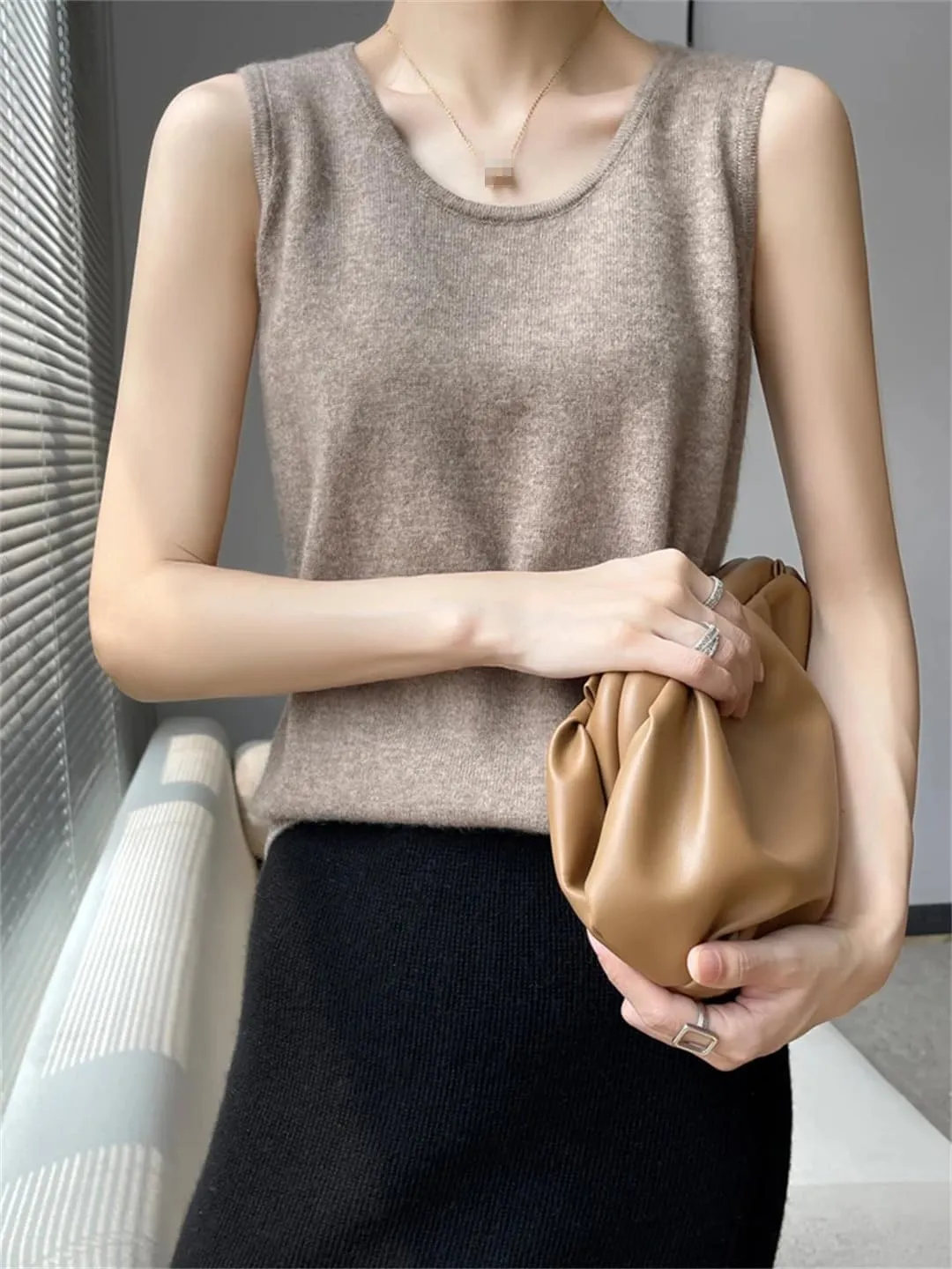 Wvapzxx Spring Summer Women Round Neck Knitted Vest Cashmere Thin Sleeveless Pullover Sweater Camisole