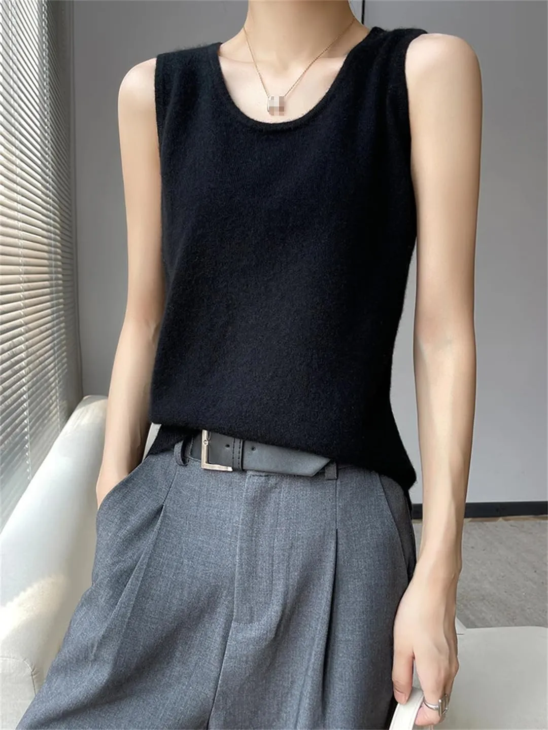 Wvapzxx Spring Summer Women Round Neck Knitted Vest Cashmere Thin Sleeveless Pullover Sweater Camisole