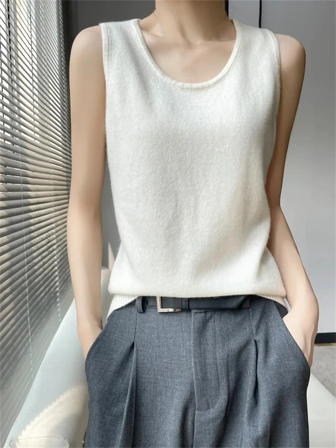 Wvapzxx Spring Summer Women Round Neck Knitted Vest Cashmere Thin Sleeveless Pullover Sweater Camisole