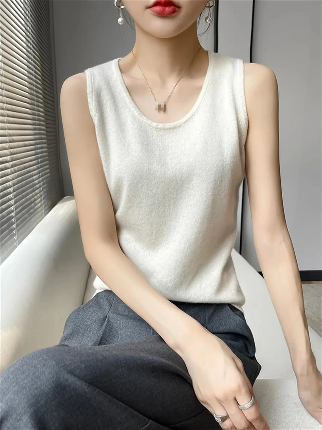 Wvapzxx Spring Summer Women Round Neck Knitted Vest Cashmere Thin Sleeveless Pullover Sweater Camisole
