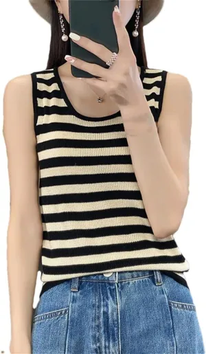 Wvapzxx Women's Wool Knitted Camisole Summer U-Neck Slim Fit Striped Tank Top