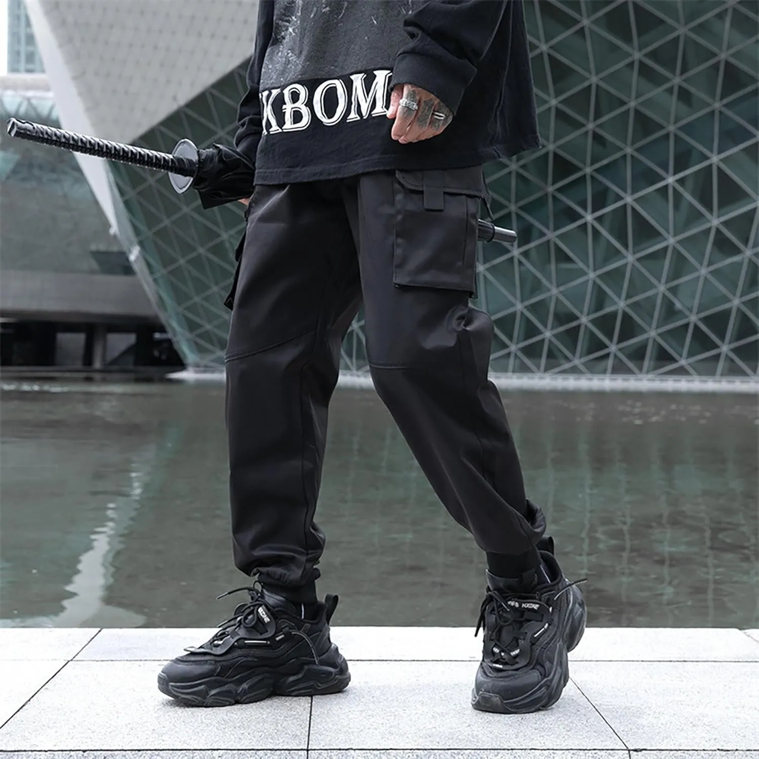XYXIONGMAO Men's Dark Multi Pocket Cargo Pants for Men Functional Hip Hop Sweatpants Harem Streetwear Pants Black Cargo Pants