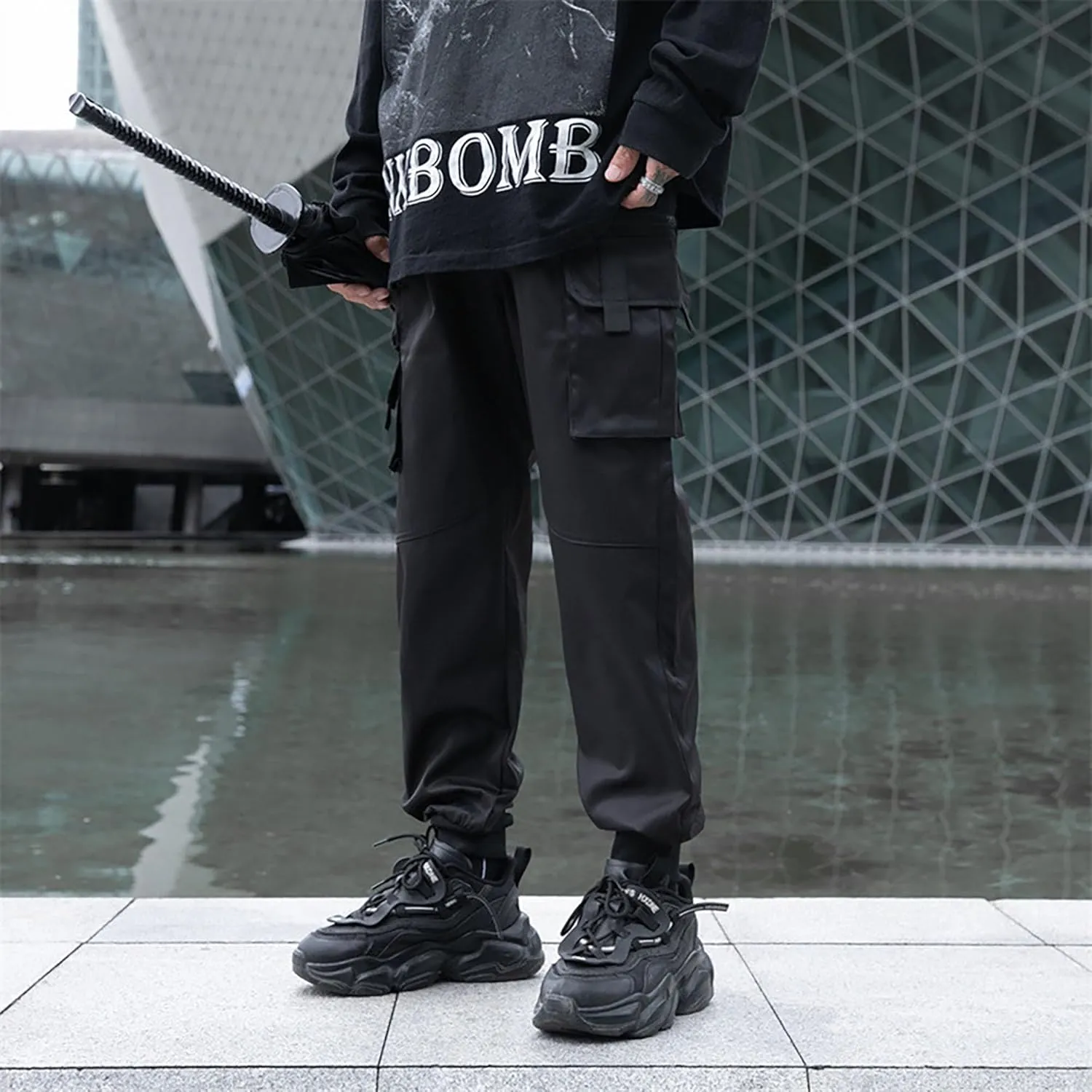 XYXIONGMAO Men's Dark Multi Pocket Cargo Pants for Men Functional Hip Hop Sweatpants Harem Streetwear Pants Black Cargo Pants